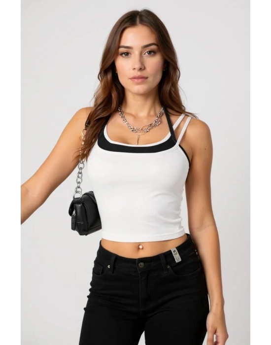 Kadın Siyah Beyaz Çift Renk Çapraz Askılı Crop Top Bluz