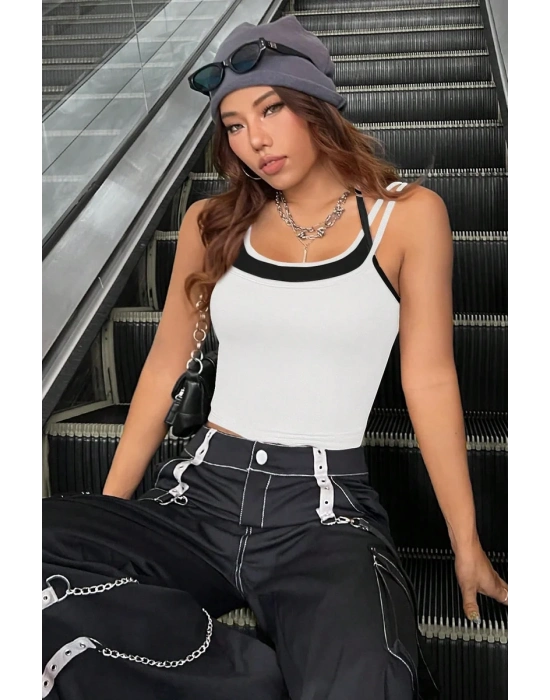 Kadın Siyah Beyaz Çift Renk Çapraz Askılı Crop Top Bluz