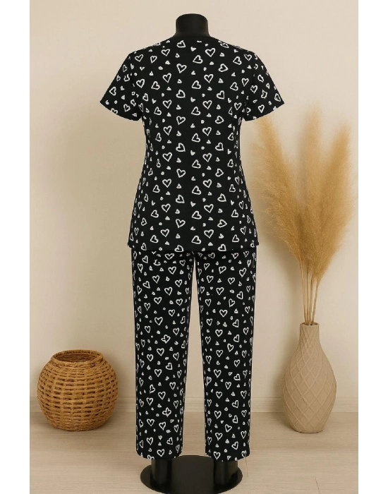 Kadın Siyah Beyaz Kalp Desenli Fiyonklu Kısa Kollu Pijama Takımı