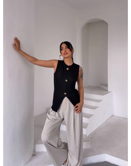 Kadın siyah bisiklet yaka gold düğmeli ottoman bluz s2310