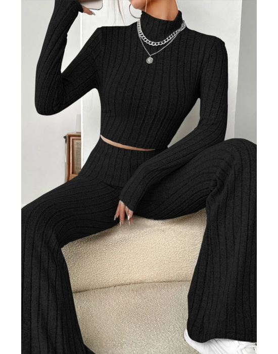 Kadın Siyah Boğazlı Crop Top ve Yüksek Bel Eşofman Takımı Spor Şık Kombin