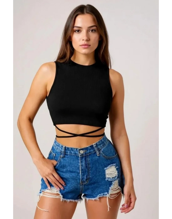 Kadın Siyah Çapraz Bağlamalı Crop Top Büstiyer – Modern ve Şık Tasarım