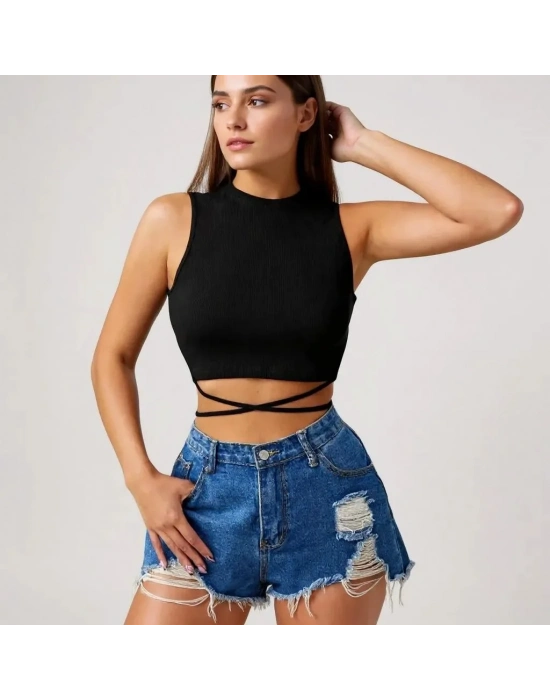 Kadın Siyah Çapraz Bağlamalı Crop Top Büstiyer – Modern ve Şık Tasarım