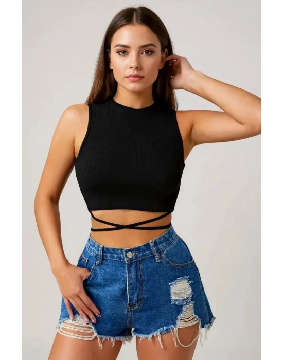 Kadın Siyah Çapraz Bağlamalı Crop Top Büstiyer – Modern ve Şık Tasarım