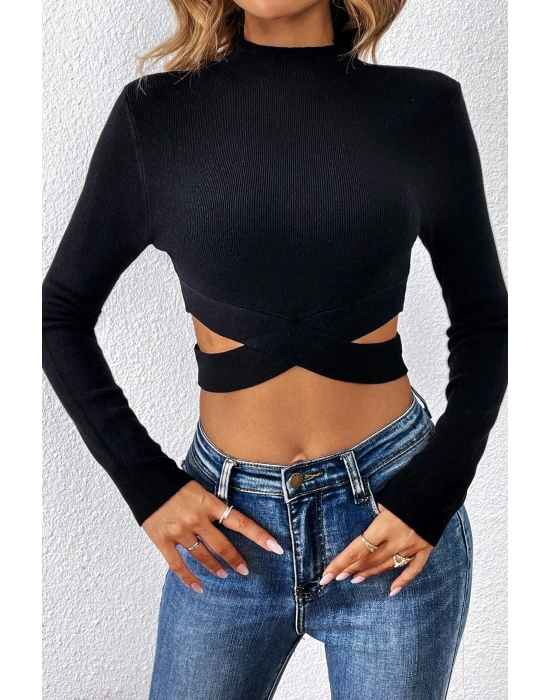 Kadın Siyah Çapraz Bel Detaylı Dik Yaka Uzun Kol Crop Top Bluz