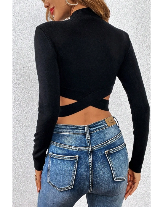 Kadın Siyah Çapraz Bel Detaylı Dik Yaka Uzun Kol Crop Top Bluz