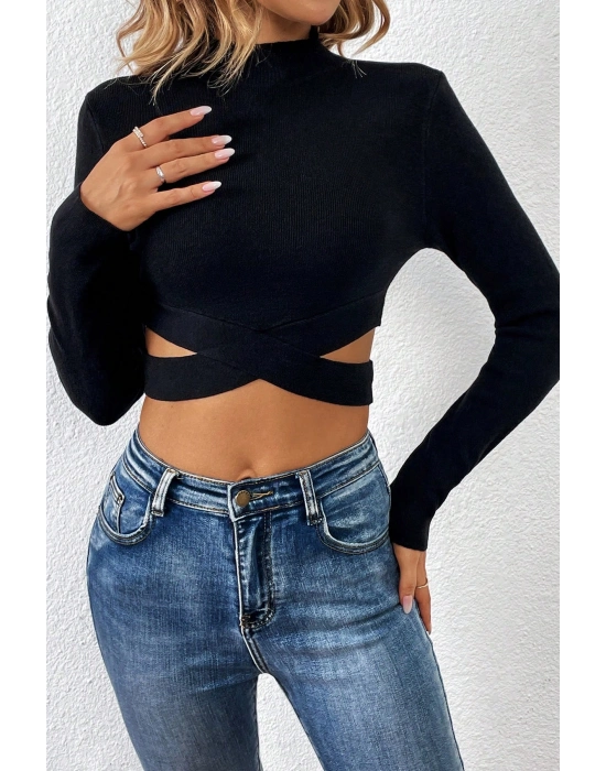 Kadın Siyah Çapraz Bel Detaylı Dik Yaka Uzun Kol Crop Top Bluz