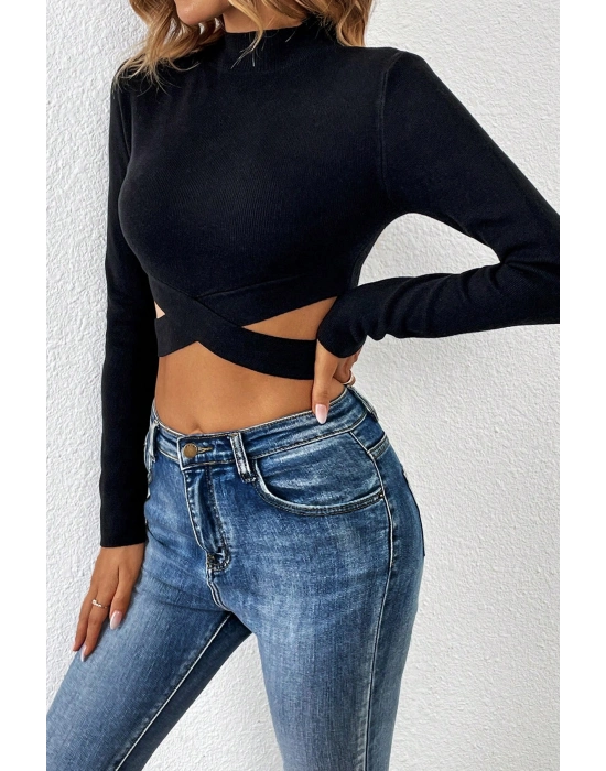 Kadın Siyah Çapraz Bel Detaylı Dik Yaka Uzun Kol Crop Top Bluz – Şık, Rahat ve Kolay Kombinlenebilir