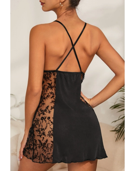 Kadın Siyah Çapraz Sırt Dekolteli Transparan Dantel Gecelik