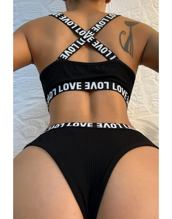 Kadın Siyah Çapraz Sırt Ve Love Yazı Detaylı Iç Çamaşır Takımı