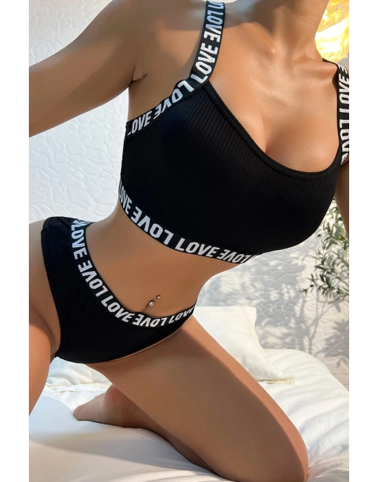 Kadın Siyah Çapraz Sırt Ve Love Yazı Detaylı Iç Çamaşır Takımı