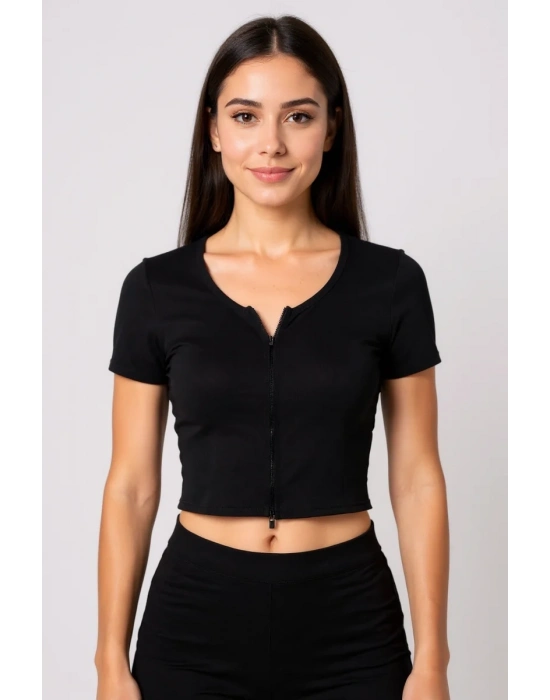 Kadın Siyah Çift Fermuarlı Yarım Kol Crop Top Bluz – Şık, Rahat ve Kolay Kombinlenebilir