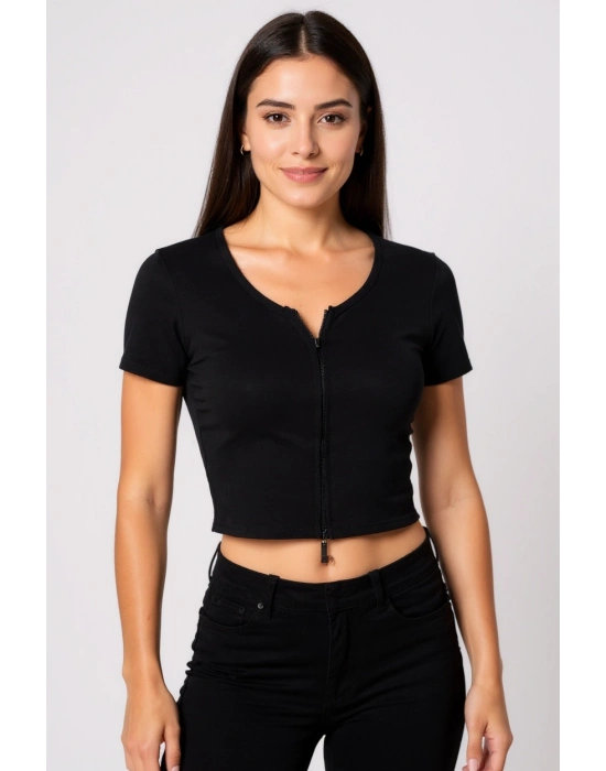 Kadın Siyah Çift Fermuarlı Yarım Kol Crop Top Bluz – Şık, Rahat ve Kolay Kombinlenebilir