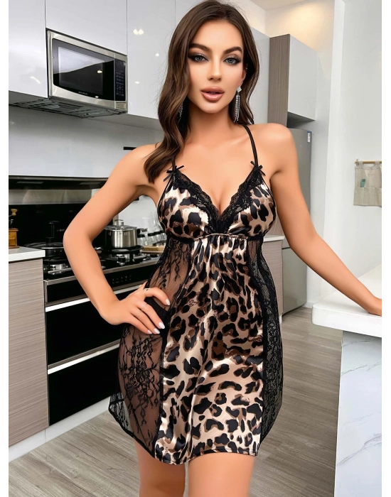 Kadın Siyah dantel Detaylı Leopar saten Gecelik 2223