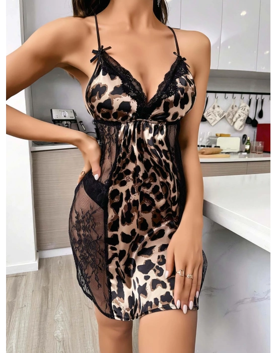 Kadın Siyah dantel Detaylı Leopar saten Gecelik 2223