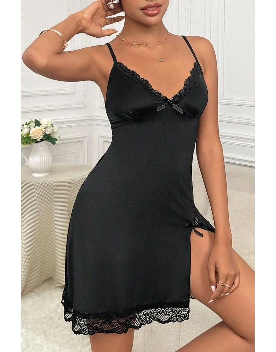 Kadın Siyah Dantelli Fiyonklu ve Yırtmaçlı Şık Gecelik