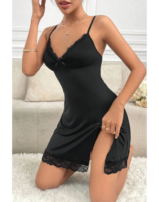 Kadın Siyah Dantelli Fiyonklu ve Yırtmaçlı Şık Gecelik