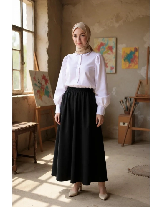 Kadın Siyah Double Kumaş Beli Lastikli Cepli Etek