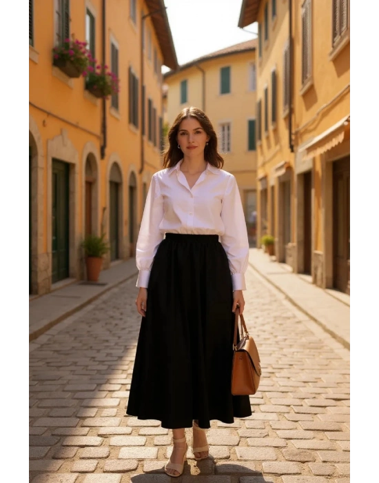 Kadın Siyah Double Kumaş Beli Lastikli Cepli Etek