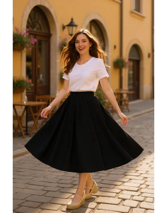 Kadın Siyah Double Kumaş Beli Lastikli Cepli Etek