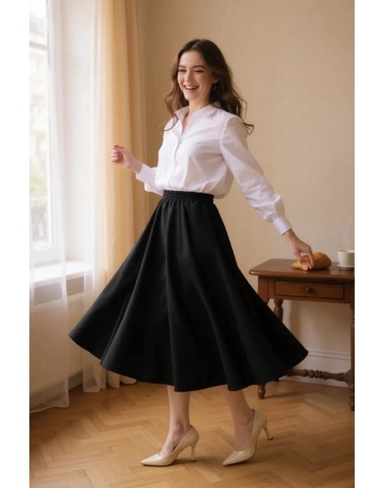 Kadın Siyah Double Kumaş Beli Lastikli Cepli Etek