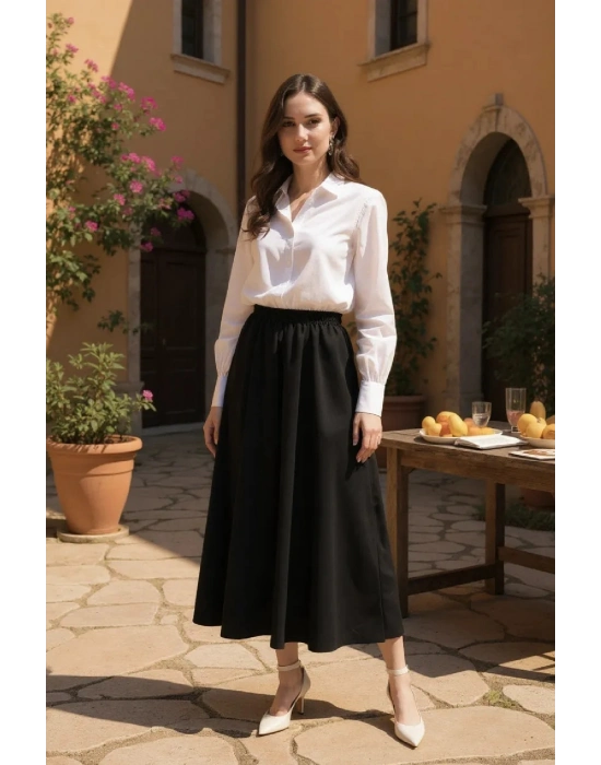 Kadın Siyah Double Kumaş Beli Lastikli Cepli Etek