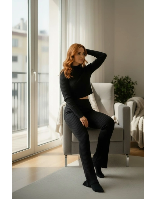 Kadın Siyah Fitilli Eşofman Takımı – Crop Uzun Kollu Üst & Paça Pantolon, Şık Günlük Set