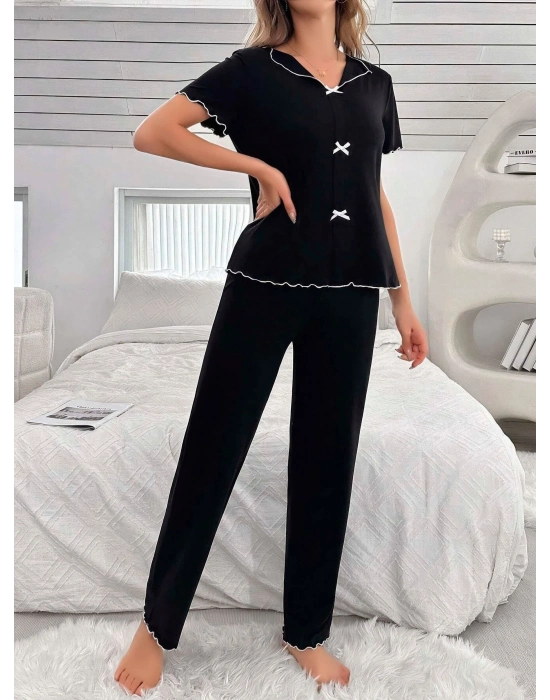 Kadın Siyah Fiyonk Detaylı Yumuşak Pamuklu Uzun Pijama Takımı 5130