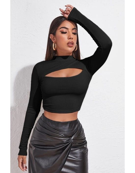 Kadın Siyah Göğüs Dekolteli Uzun Kollu Cut Out Crop Top Bluz