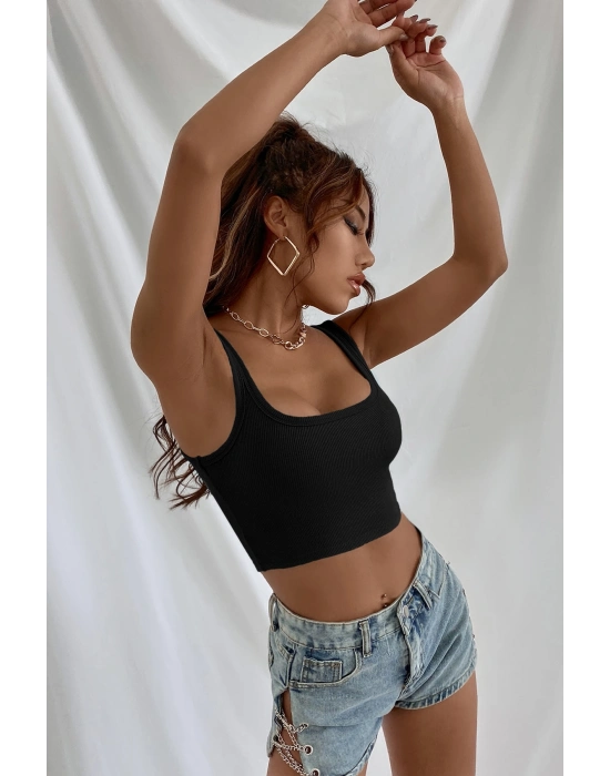 Kadın Siyah Kalın Askılı Crop Top Büstiyer