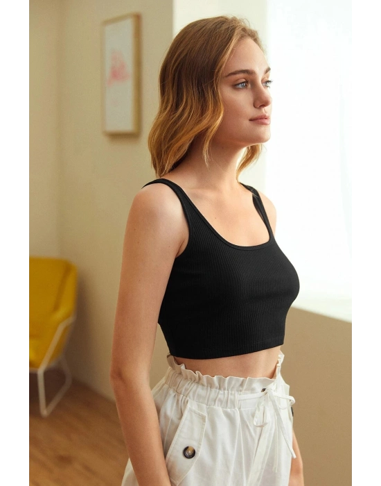 Kadın Siyah Kalın Askılı Crop Top Büstiyer