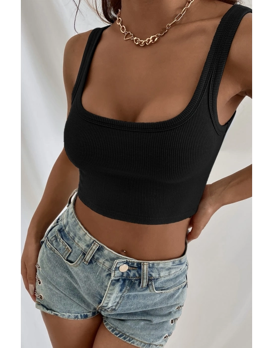 Kadın Siyah Kalın Askılı Crop Top Büstiyer – Modern ve Şık Tasarım