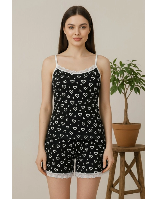 Kadın Siyah Kalp Desenli Askılı Şortlu Dantelli Pijama Takımı