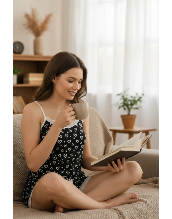 Kadın Siyah Kalp Desenli Askılı Şortlu Dantelli Pijama Takımı