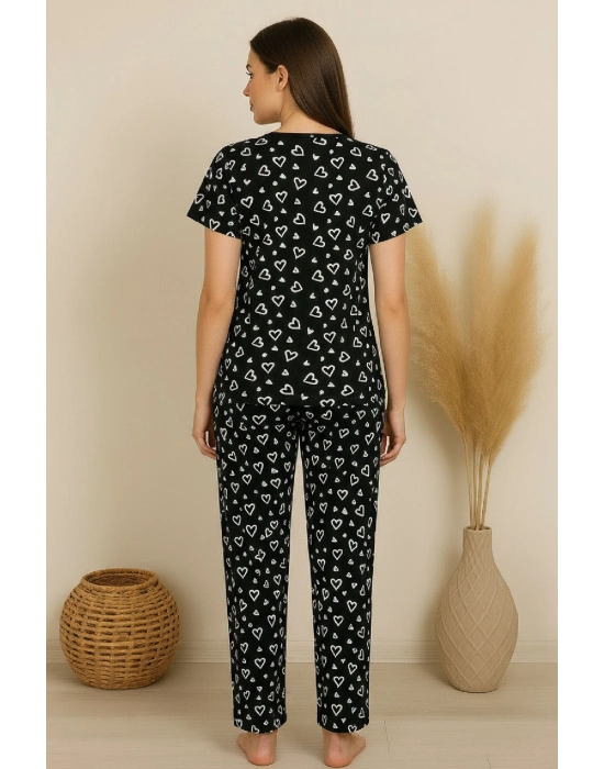 Kadın Siyah Kalp Desenli Fiyonklu Kısa Kollu Uzun Pijama Takımı