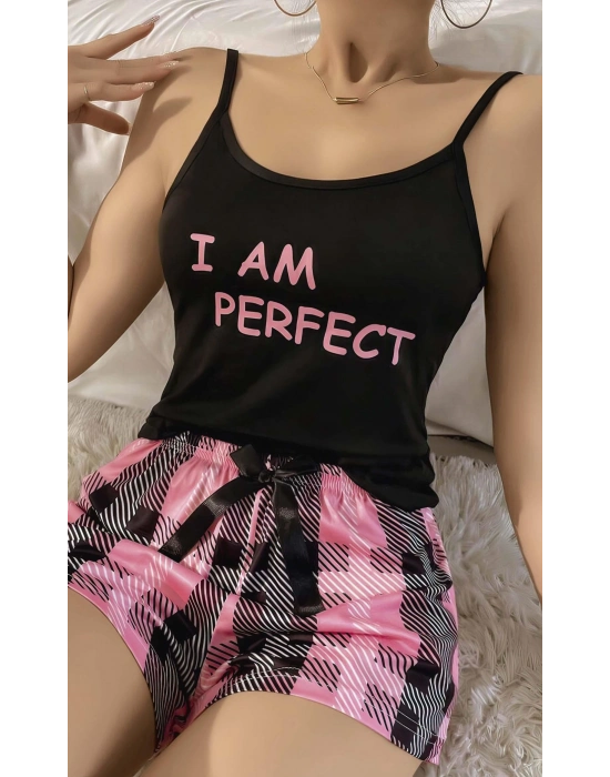 Kadın Siyah Kare Desenli Askılı Şortlu Pijama Takım 5012