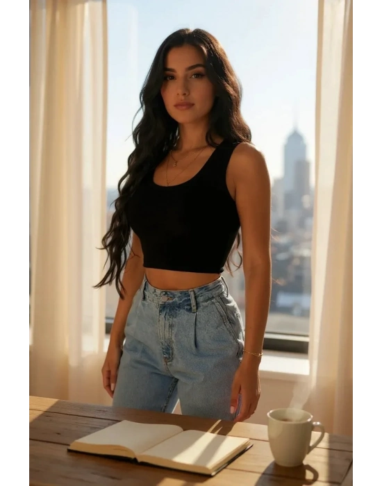 Kadın Siyah Kare Yaka Crop Top Bluz – Şık, Rahat ve Kolay Kombinlenebilir