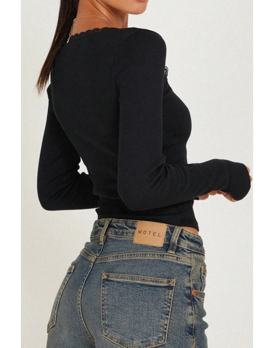Kadın Siyah Kare Yaka Dantelli Uzun Kollu Crop Top Bluz