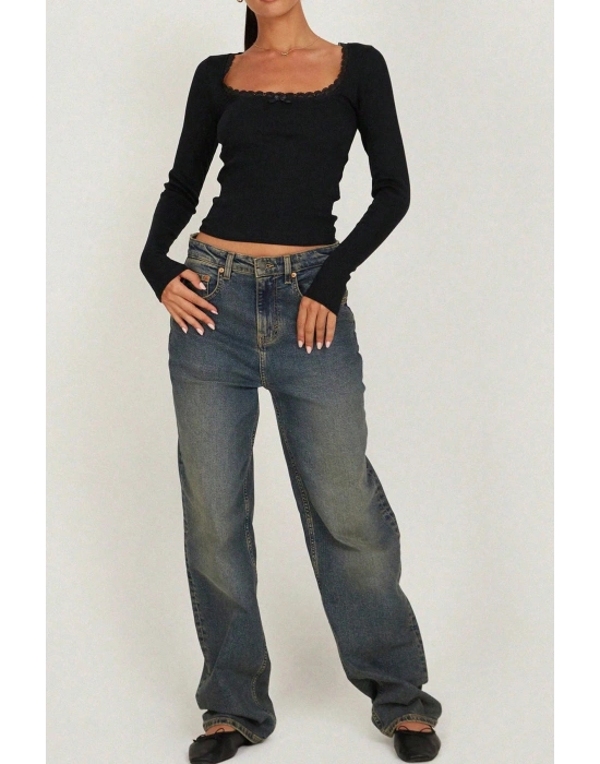 Kadın Siyah Kare Yaka Dantelli Uzun Kollu Crop Top Bluz