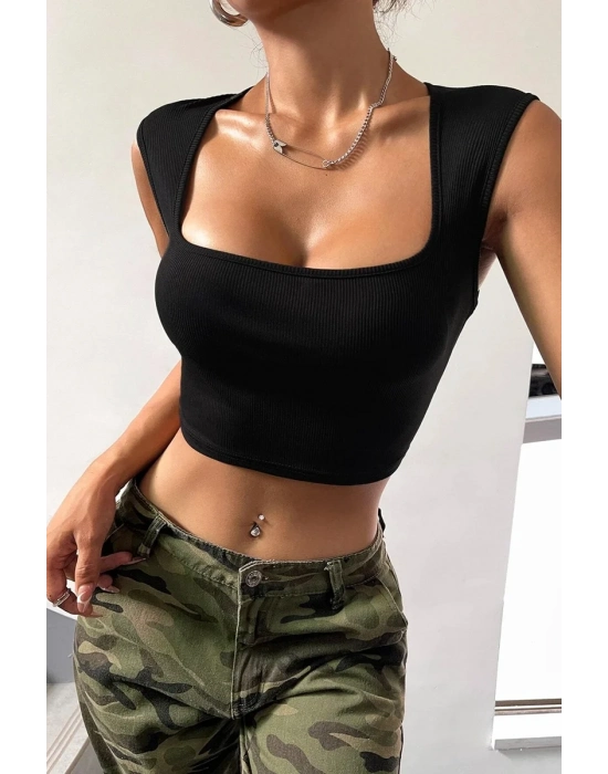 Kadın Siyah Kare Yaka Kalınlaşan Omuz Detaylı Crop Top Bluz