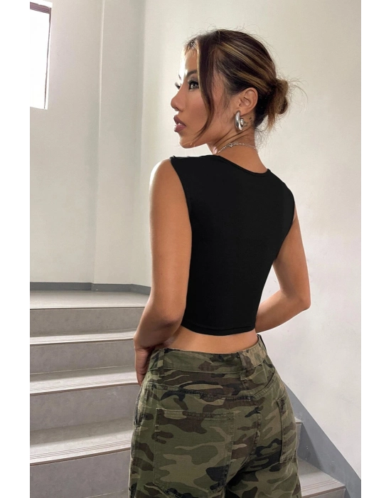 Kadın Siyah Kare Yaka Kalınlaşan Omuz Detaylı Crop Top Bluz