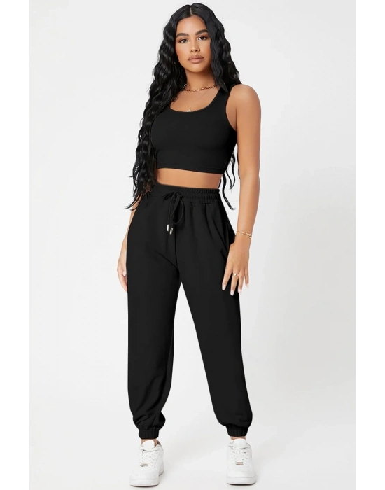 Kadın Siyah Kaşkorse Cepli Jogger Eşofman Altı ve Crop Top Bluz