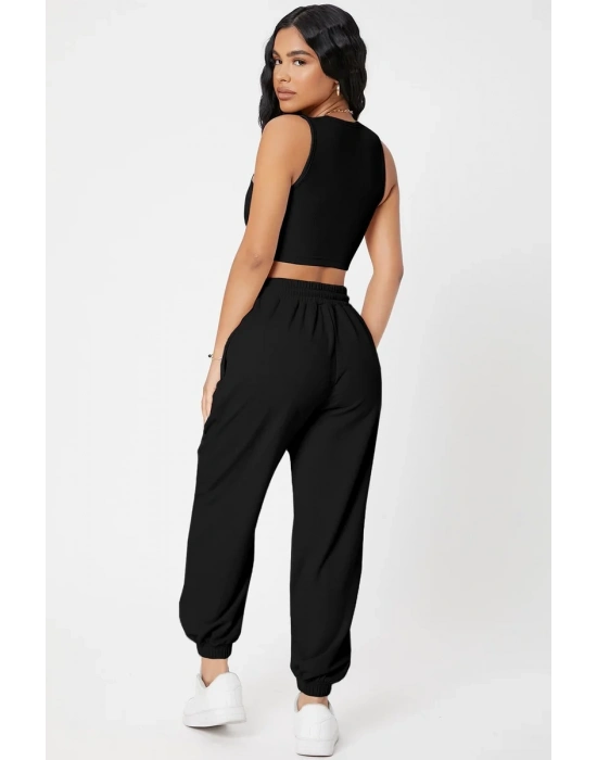 Kadın Siyah Kaşkorse Cepli Jogger Eşofman Altı ve Crop Top Bluz