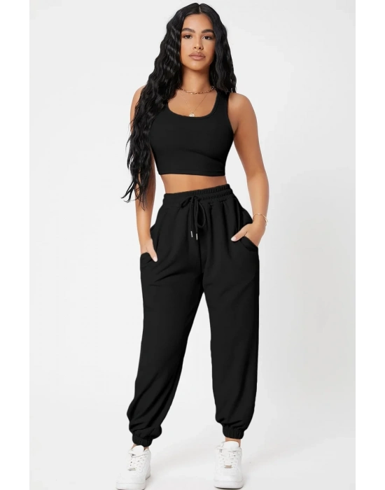 Kadın Siyah Kaşkorse Cepli Jogger Eşofman Altı ve Crop Top Bluz