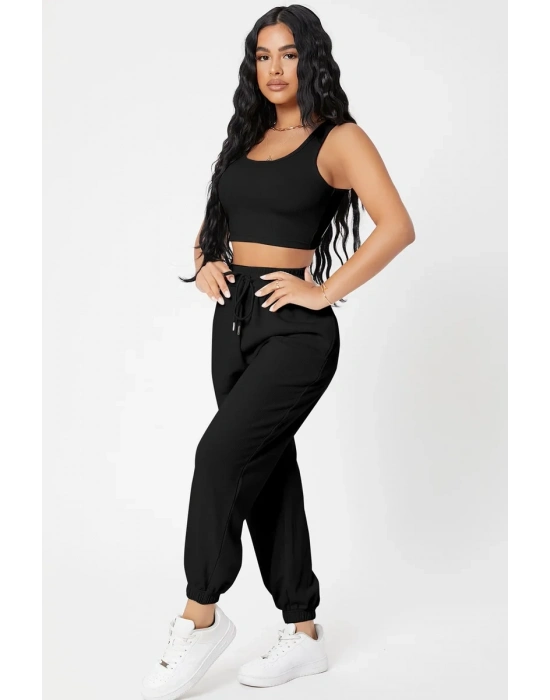 Kadın Siyah Kaşkorse Cepli Jogger Eşofman Altı ve Crop Top Bluz
