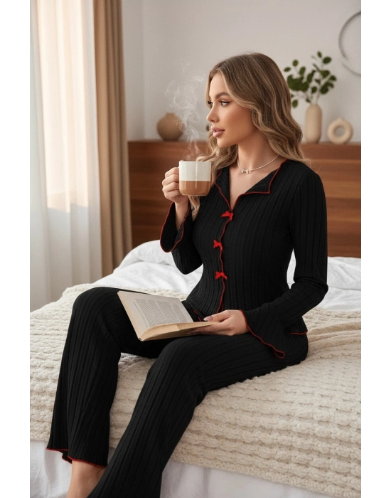 Kadın Siyah Kırmızı Biyeli ve Fiyonklu Uzun Kollu Mevsimlik Pijama Takımı