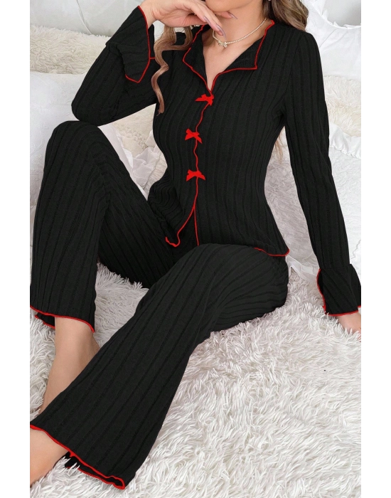 Kadın Siyah Kırmızı Biyeli ve Fiyonklu Uzun Kollu Mevsimlik Pijama Takımı