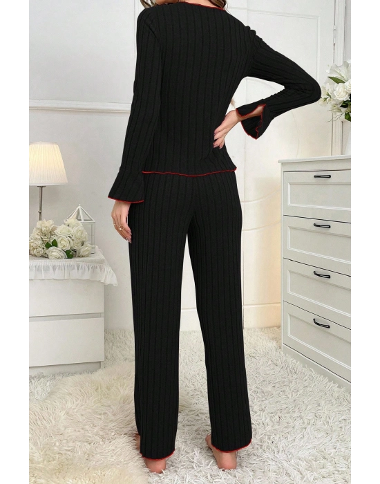 Kadın Siyah Kırmızı Biyeli ve Fiyonklu Uzun Kollu Mevsimlik Pijama Takımı