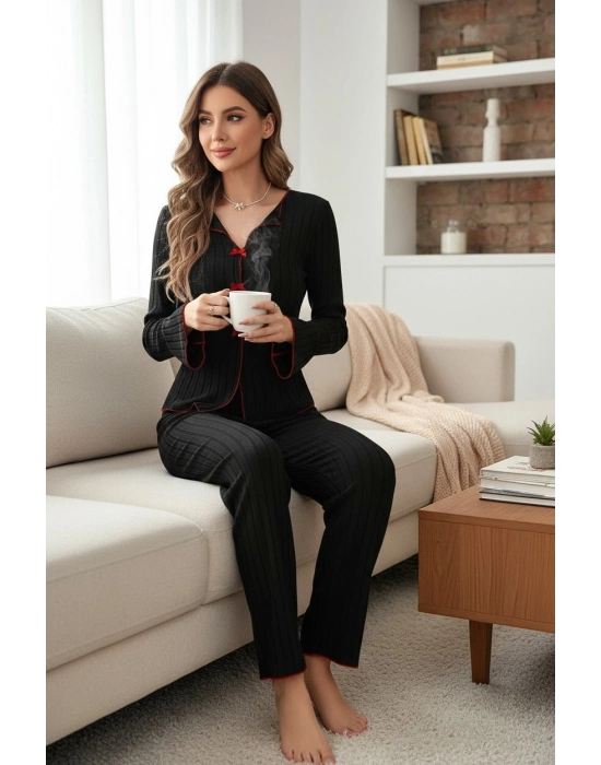 Kadın Siyah Kırmızı Biyeli ve Fiyonklu Uzun Kollu Mevsimlik Pijama Takımı