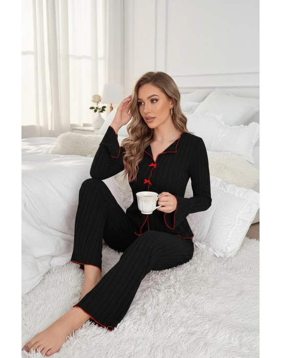 Kadın Siyah Kırmızı Biyeli ve Fiyonklu Uzun Kollu Mevsimlik Pijama Takımı